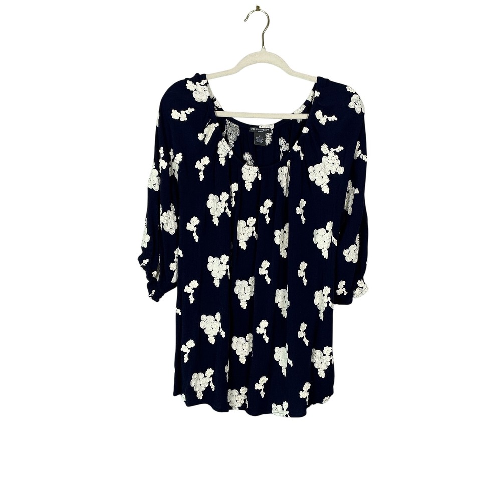 Chelsea & Theodore Navy Blue Floral Embroidered Peasant Blouse 1X Rayon